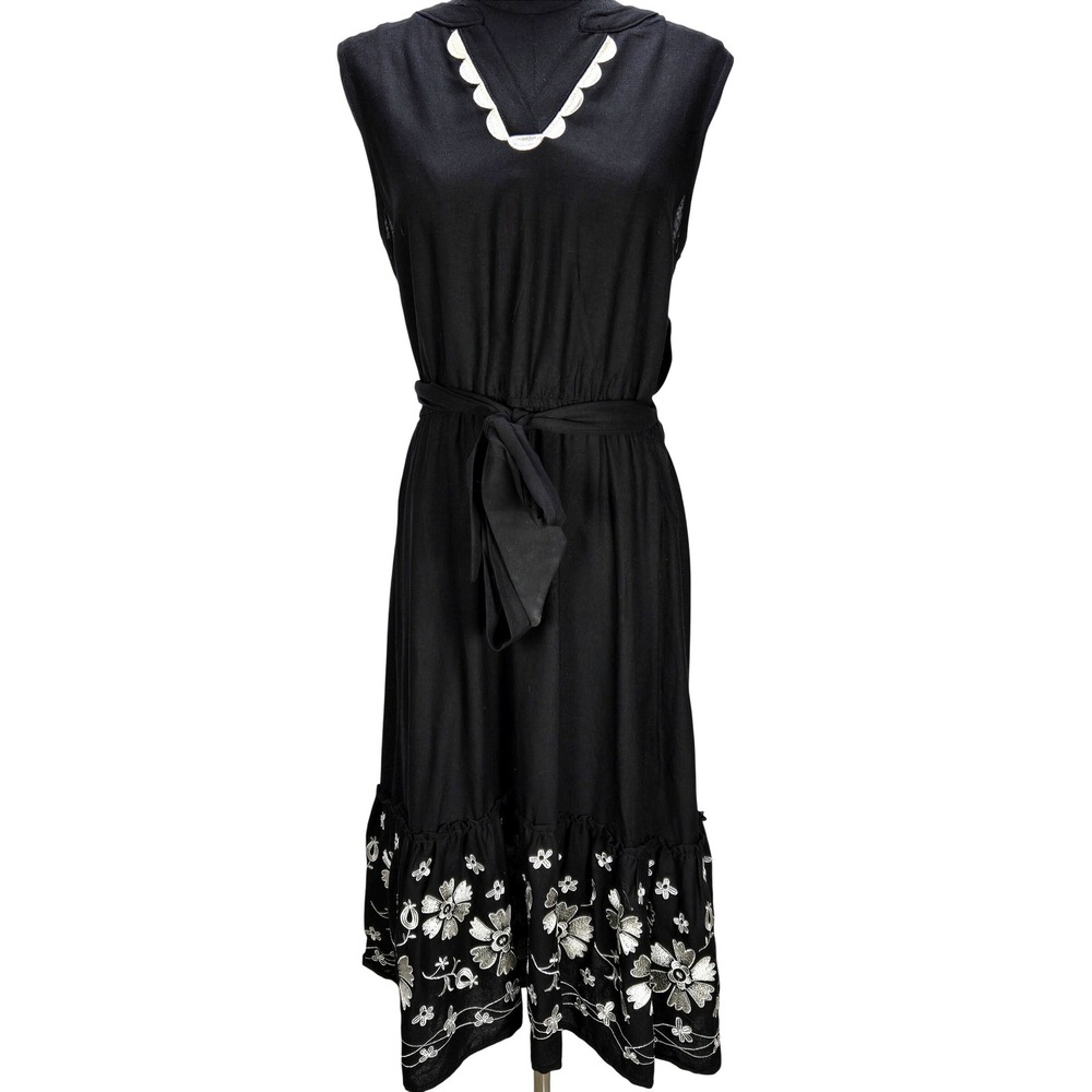 Women's Cactus + Pearl Small‎ NWT Black Embroidered Midi Dress Scalloped Boho